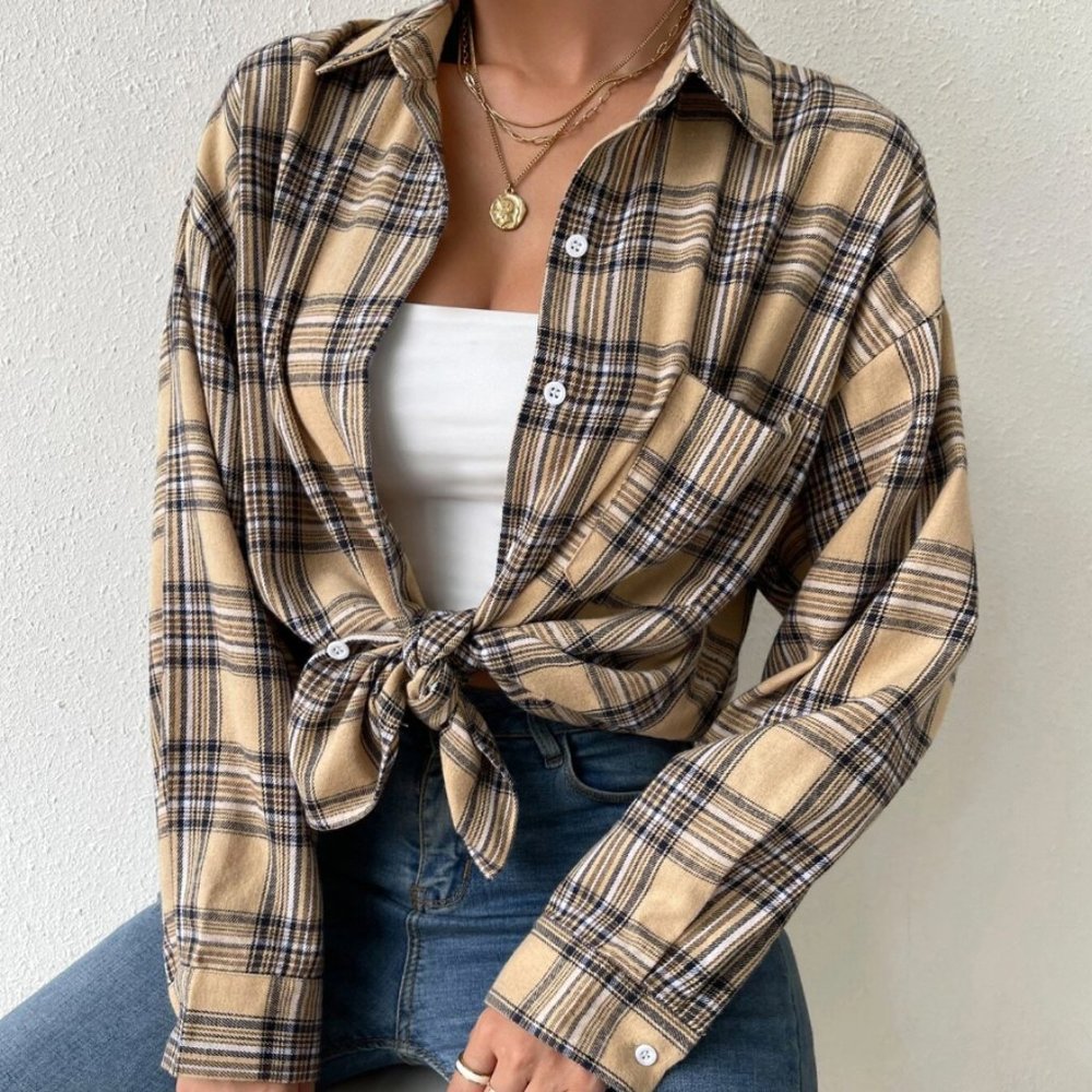 LAST ONE 🔥 Boyfriend Plaid Pocket Drop Shoulder Shirt